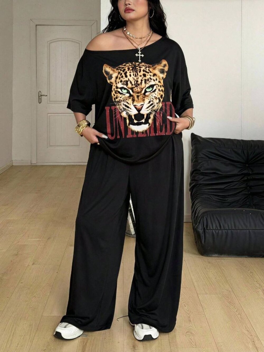 Black Casual Women's Leopard Print T-Shirt And Wide Leg Sweatpants